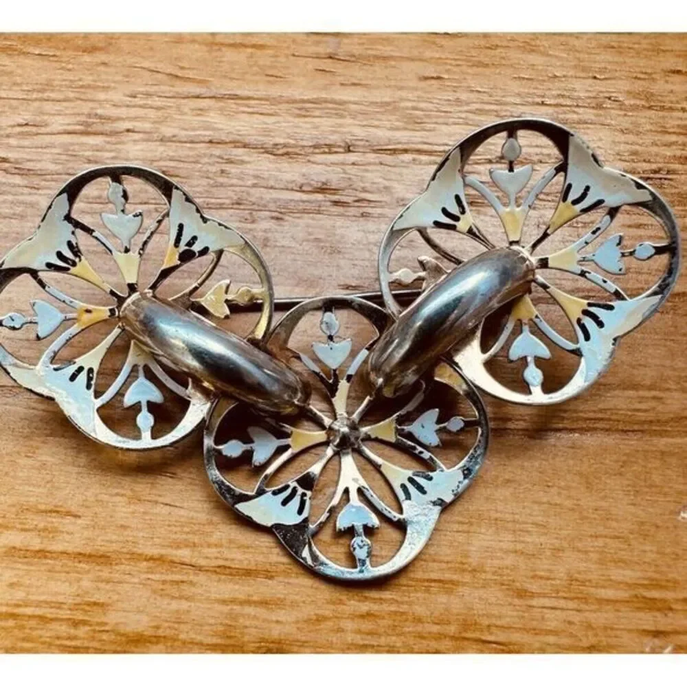 Vintage Sterling Silver Hand Painted‎ Flower Pin Brooch With Screw back Earrings